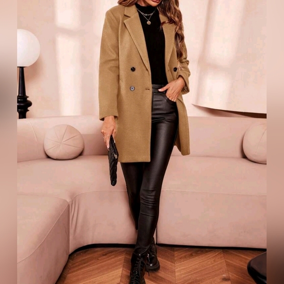 New Chic Double Breasted Mid Length Pea Coat Jacket Camel Khaki Tan - Picture 7 of 9